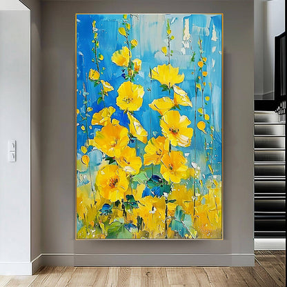 Vibrant Yellow Flower Painting | Blue Abstract Floral Art #AA 055