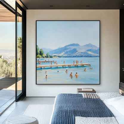 Nostalgic Summer Lake Art | Peaceful People Swimming Painting