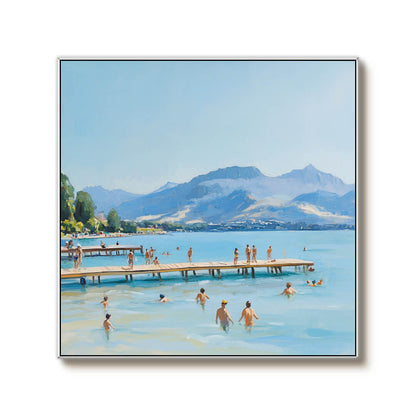 Textured Lake Swimming Scene Painting | Modern Mountain Landscape Wall Art #AA 058