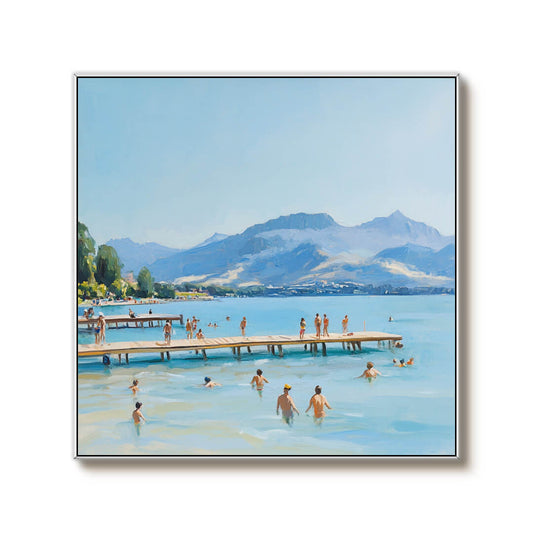 Textured Lake Swimming Scene Painting | Modern Mountain Landscape Wall Art #AA 058