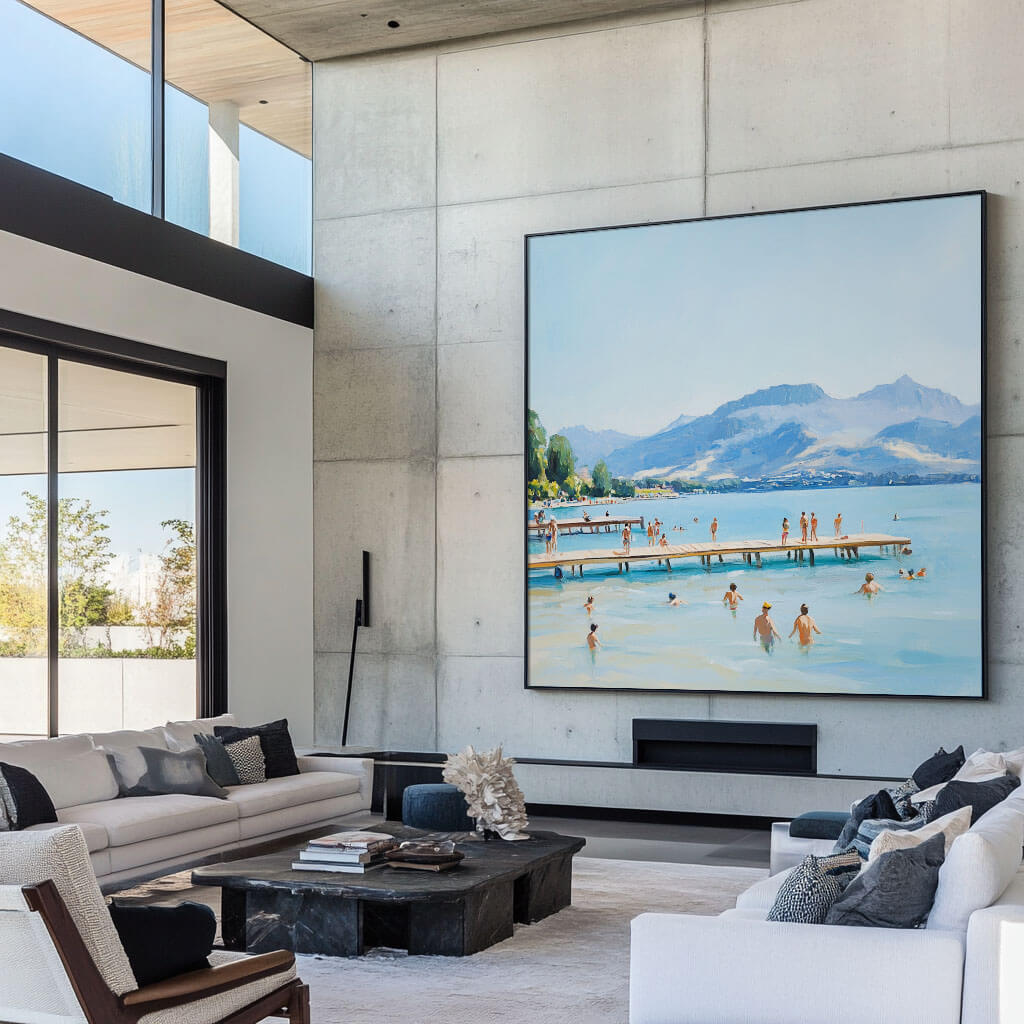Textured Lake Swimming Scene Painting | Modern Mountain Landscape Wall Art #AA 058