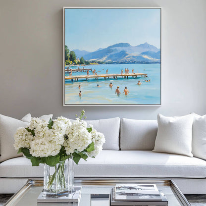 Textured Lake Swimming Scene Painting | Modern Mountain Landscape Wall Art #AA 058