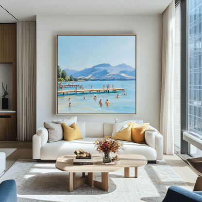 Textured Lake Swimming Scene Painting | Modern Mountain Landscape Wall Art #AA 058