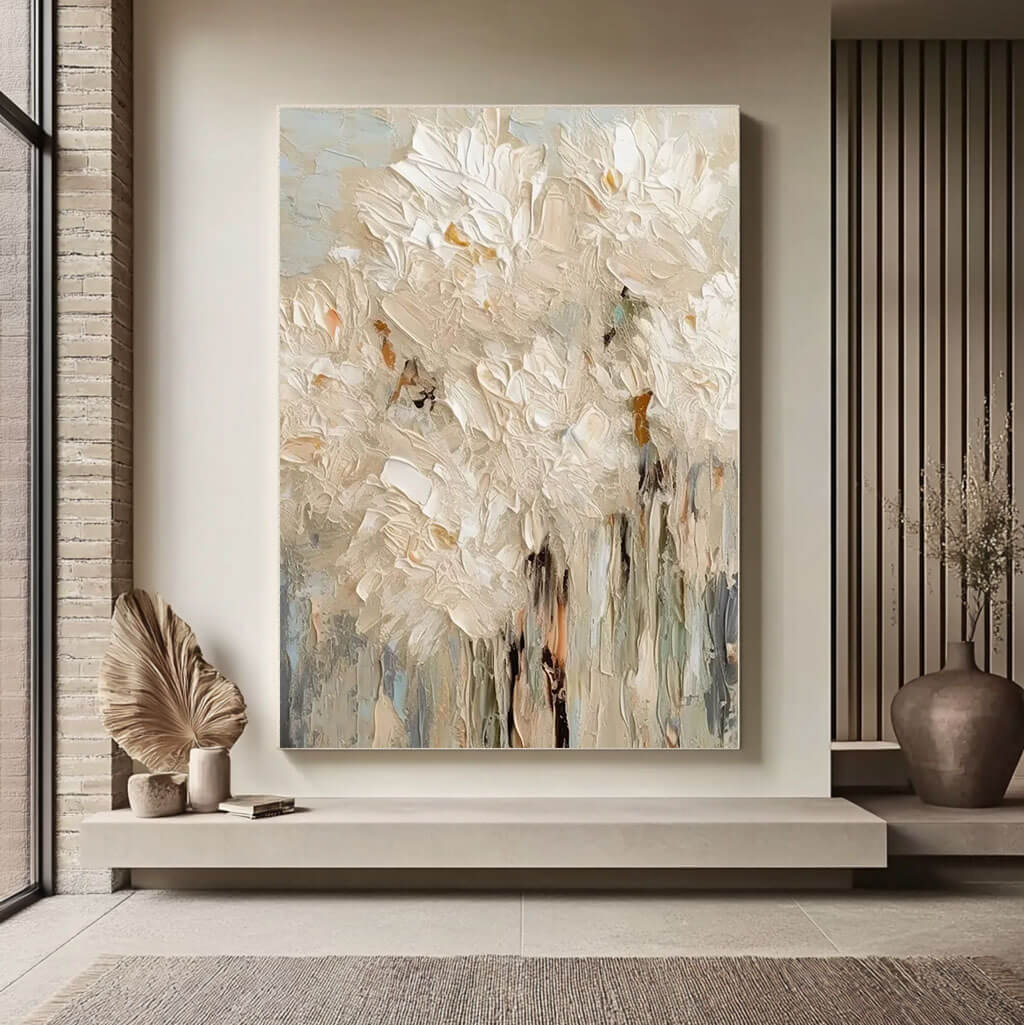Minimalist Abstract White Flower Oil Painting - 3D Textured Hand-Painted Impasto Floral Art #AA057
