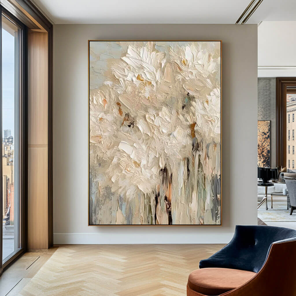 Minimalist Abstract White Flower Oil Painting - 3D Textured Hand-Painted Impasto Floral Art #AA057