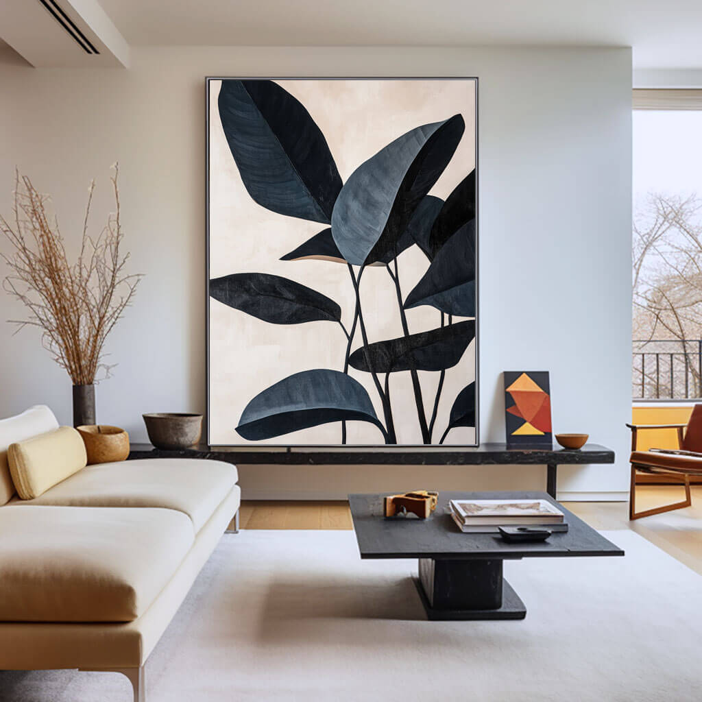 Japandi Style Plant Art | Black & Beige Leaf Painting