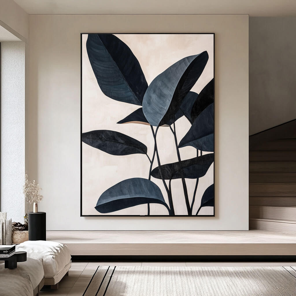 Textured Modern Botanical Leaf Painting | Minimalist Beige Wall Art for Living Room #AA 061