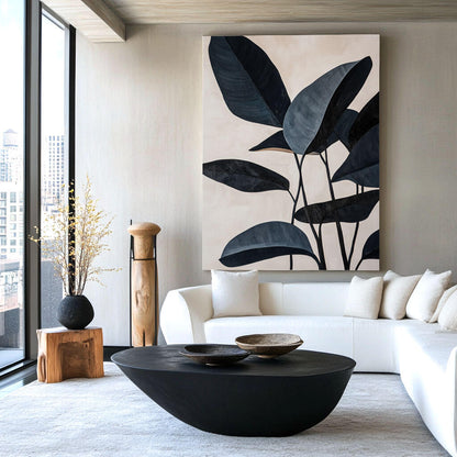 Textured Modern Botanical Leaf Painting | Minimalist Beige Wall Art for Living Room #AA 061