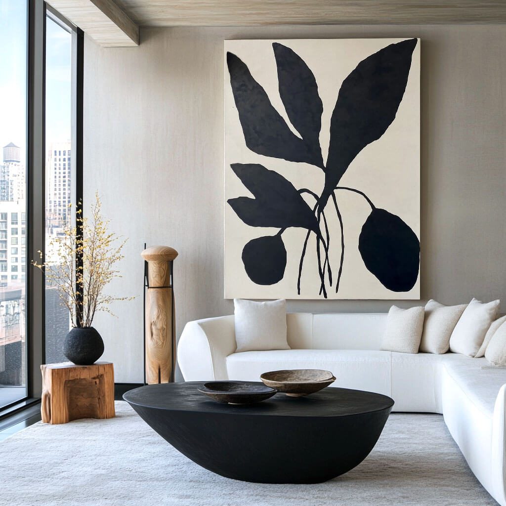 Black and White Minimalist Botanical Painting - Textured Plant Wall Art#AA 062