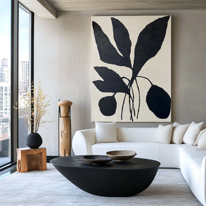 Black and White Minimalist Botanical Painting - Textured Plant Wall Art#AA 062