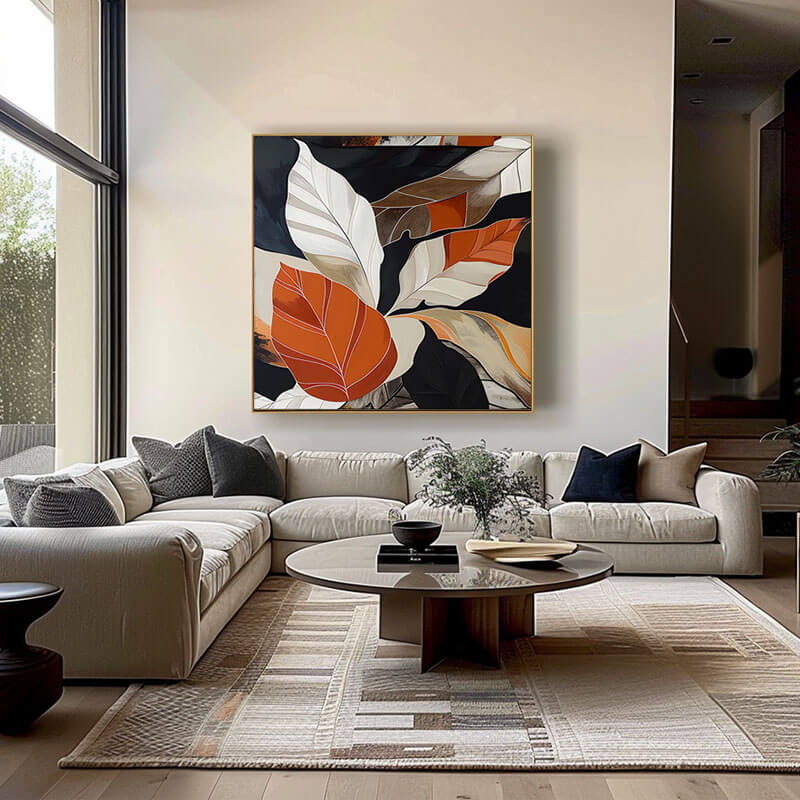 Orange Black and White Abstract Leaf Painting - Textured Wall Art#AA 063
