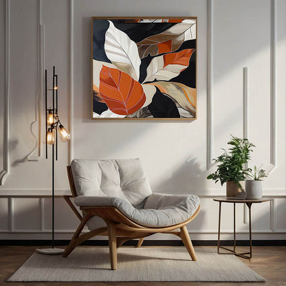 Orange Black and White Abstract Leaf Painting - Textured Wall Art#AA 063