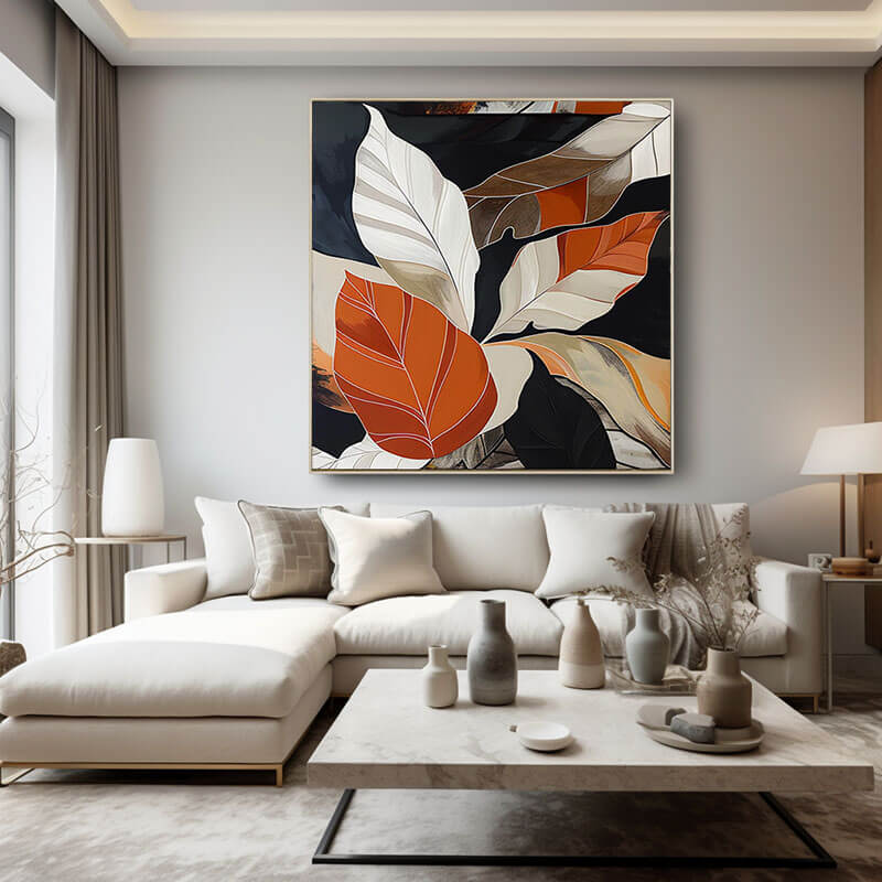 Orange Black and White Abstract Leaf Painting - Textured Wall Art#AA 063