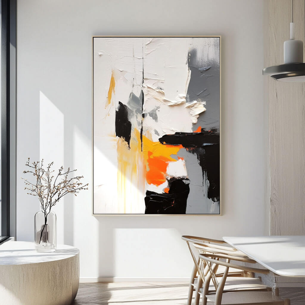 Black White and Orange Abstract Painting - Textured Modern Wall Art #AA 065