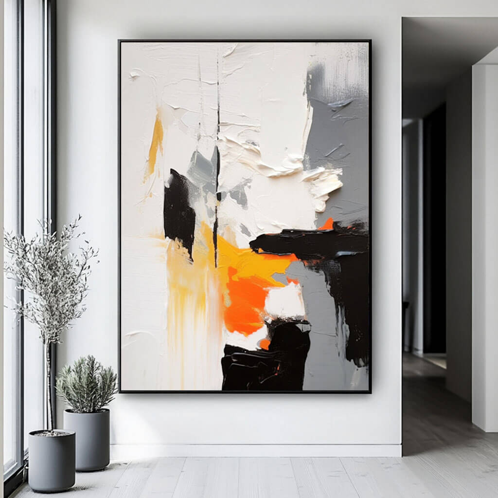 Black White and Orange Abstract Painting - Textured Modern Wall Art #AA 065