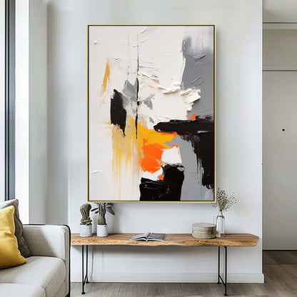 Black White and Orange Abstract Painting - Textured Modern Wall Art #AA 065