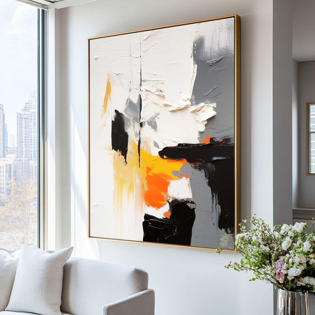 Black White and Orange Abstract Painting - Textured Modern Wall Art #AA 065