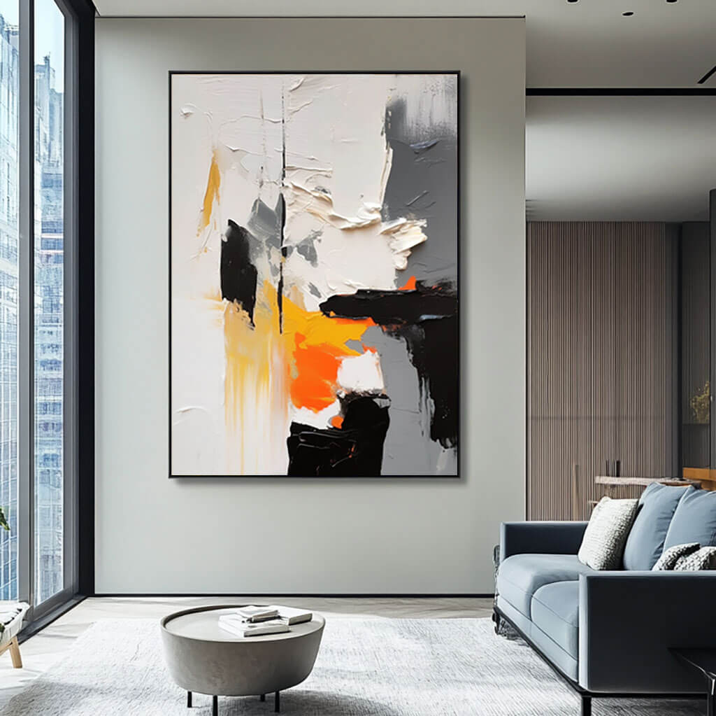 Black White and Orange Abstract Painting - Textured Modern Wall Art #AA 065