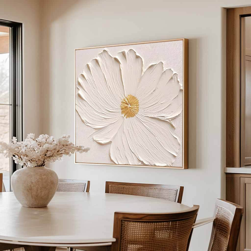 Textured White Flower Oil Painting - 3D Floral Wall Art with Gold Accents#AA 067