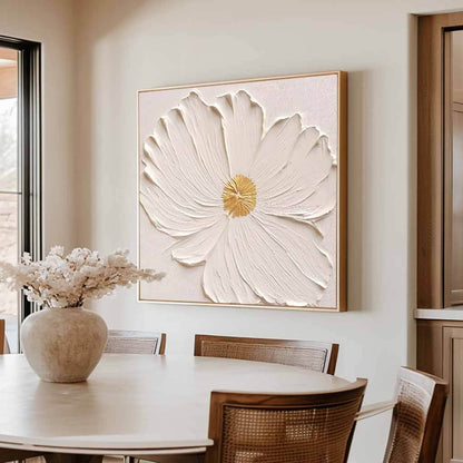 Textured White Flower Oil Painting - 3D Floral Wall Art with Gold Accents#AA 067
