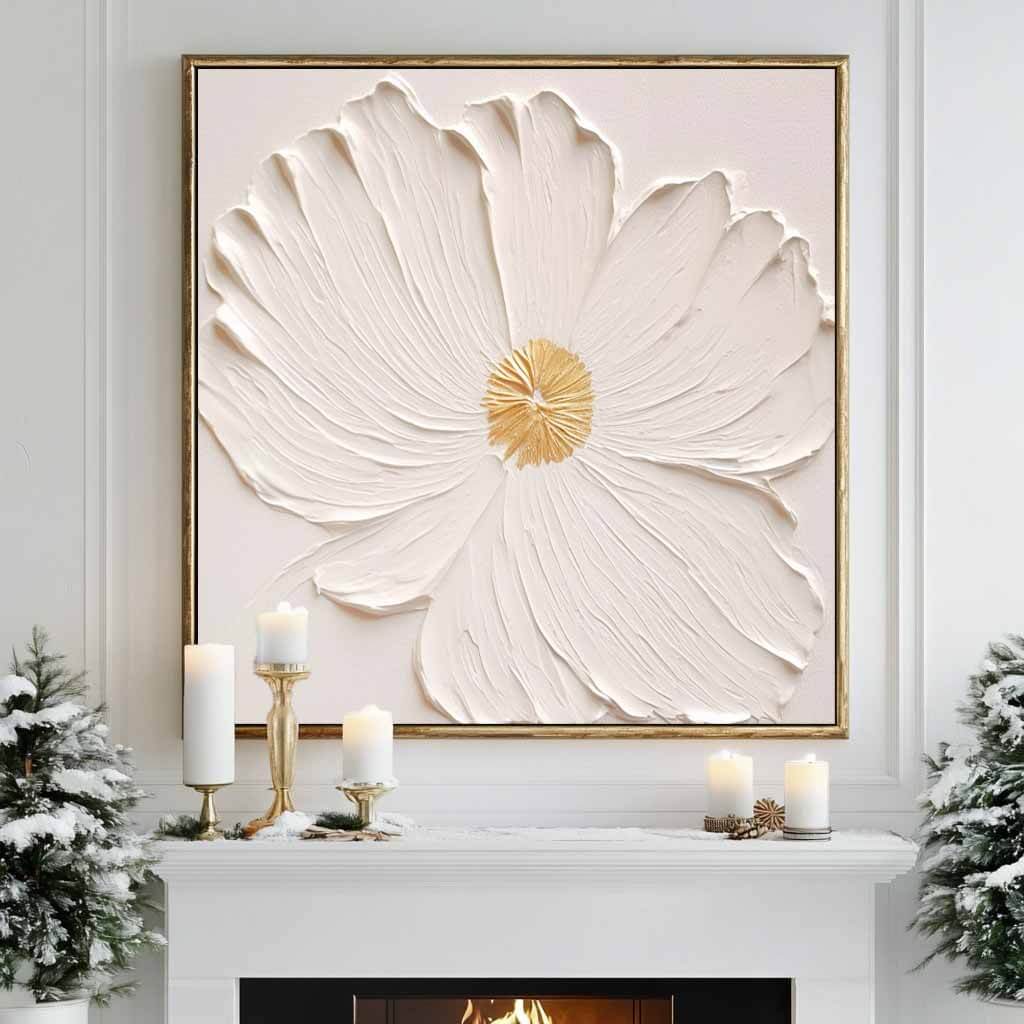 Textured White Flower Oil Painting - 3D Floral Wall Art with Gold Accents#AA 067