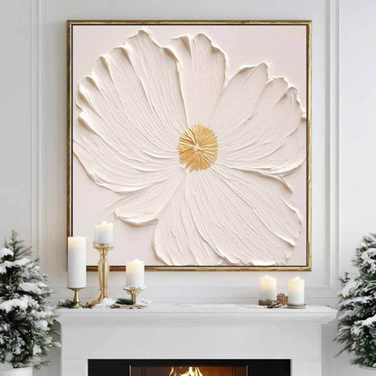 Textured White Flower Oil Painting - 3D Floral Wall Art with Gold Accents#AA 067