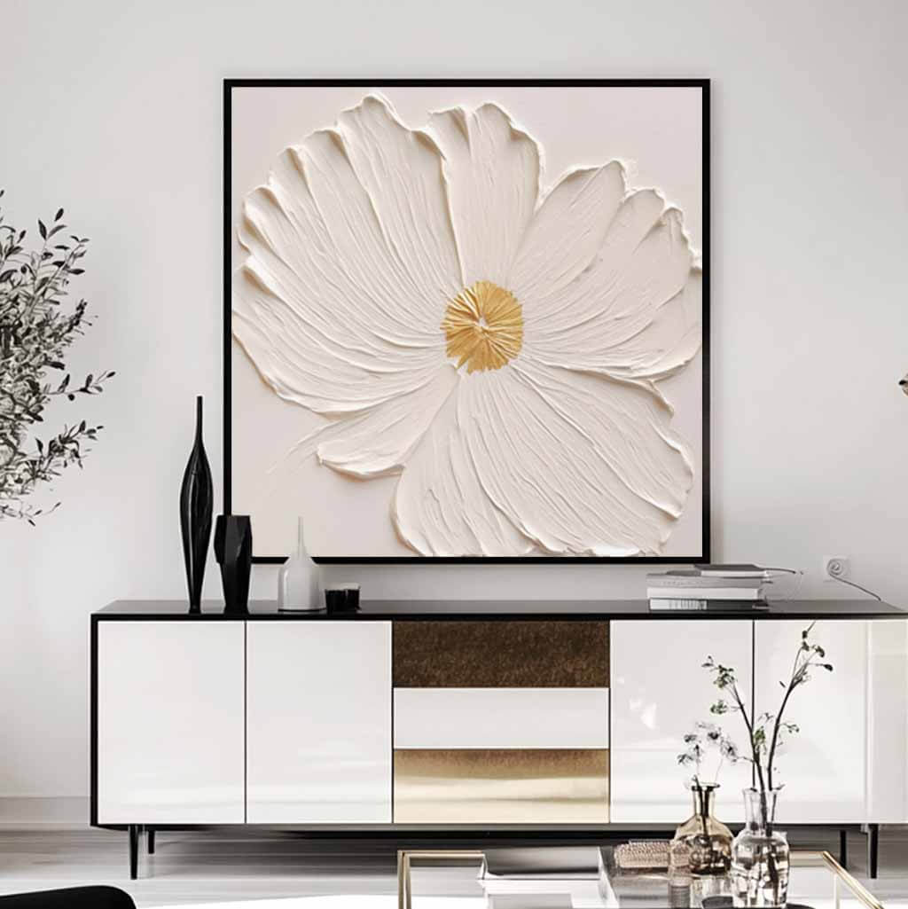 Textured White Flower Oil Painting - 3D Floral Wall Art with Gold Accents#AA 067