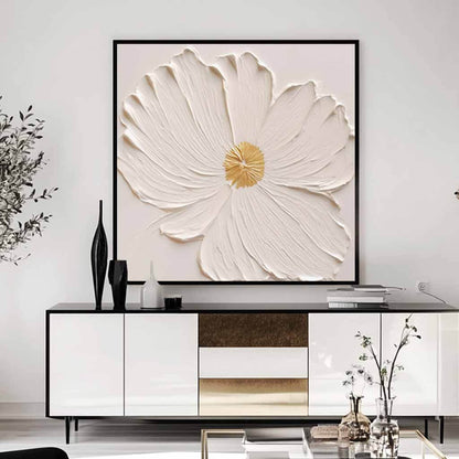 Textured White Flower Oil Painting - 3D Floral Wall Art with Gold Accents#AA 067