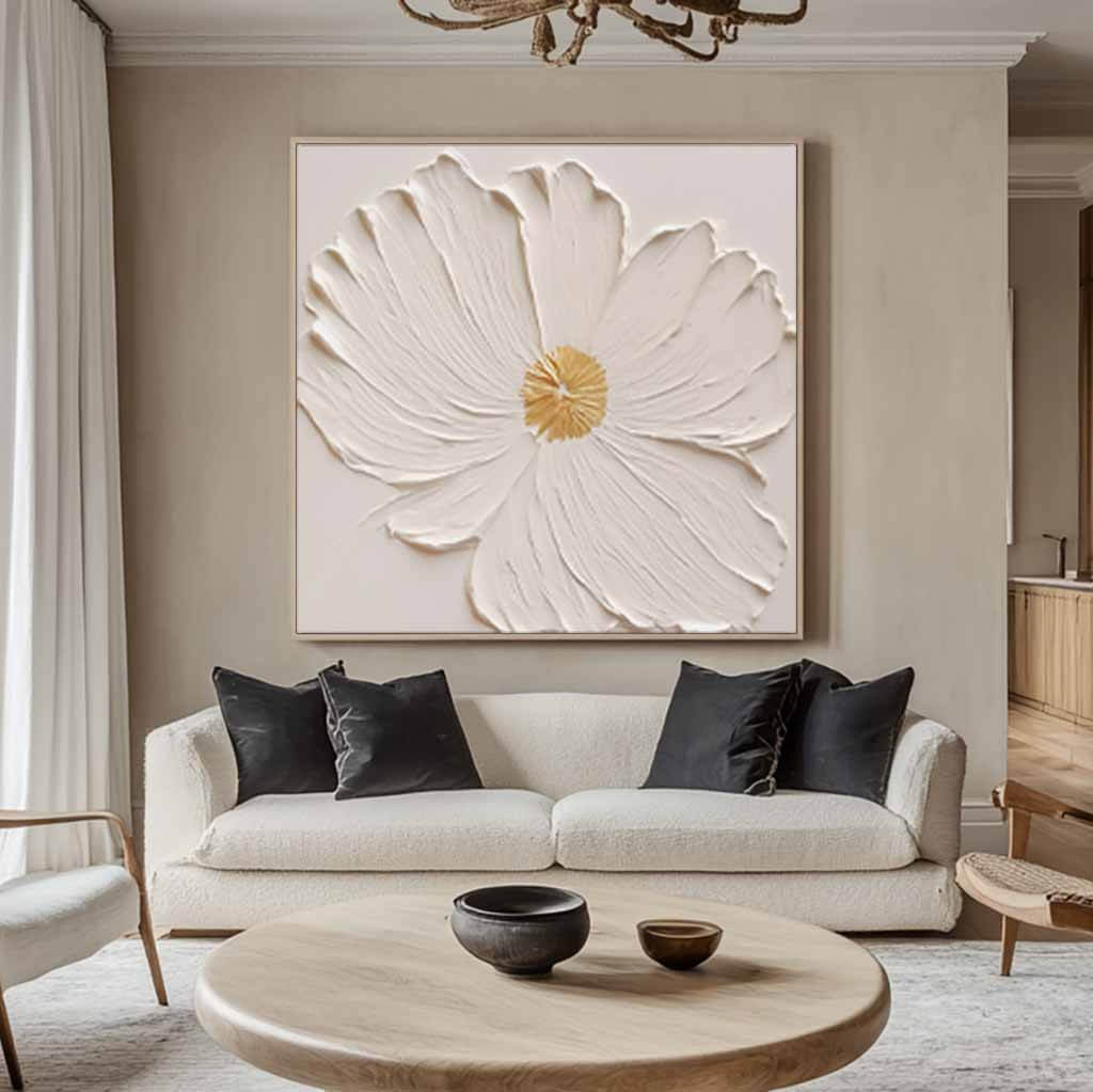 Textured White Flower Oil Painting - 3D Floral Wall Art with Gold Accents#AA 067