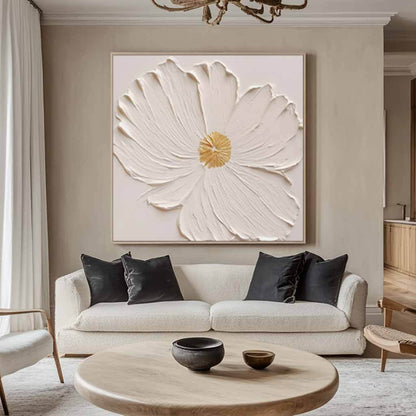Textured White Flower Oil Painting - 3D Floral Wall Art with Gold Accents#AA 067
