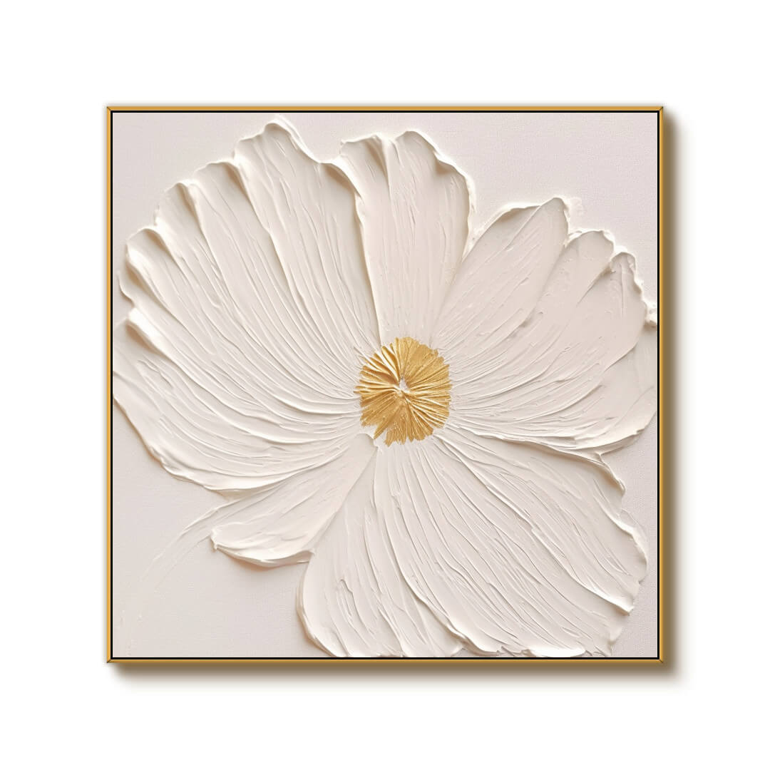 Textured White Flower Oil Painting - 3D Floral Wall Art with Gold Accents#AA 067