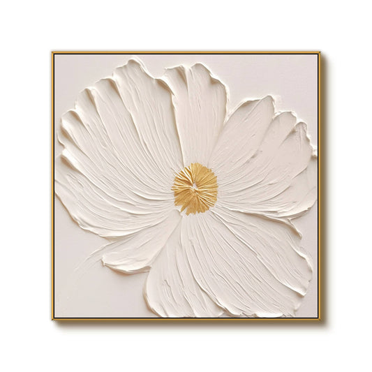 Textured White Flower Oil Painting - 3D Floral Wall Art with Gold Accents#AA 067
