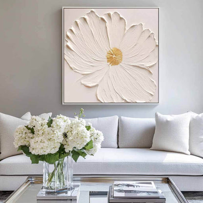 Textured White Flower Oil Painting - 3D Floral Wall Art with Gold Accents#AA 067