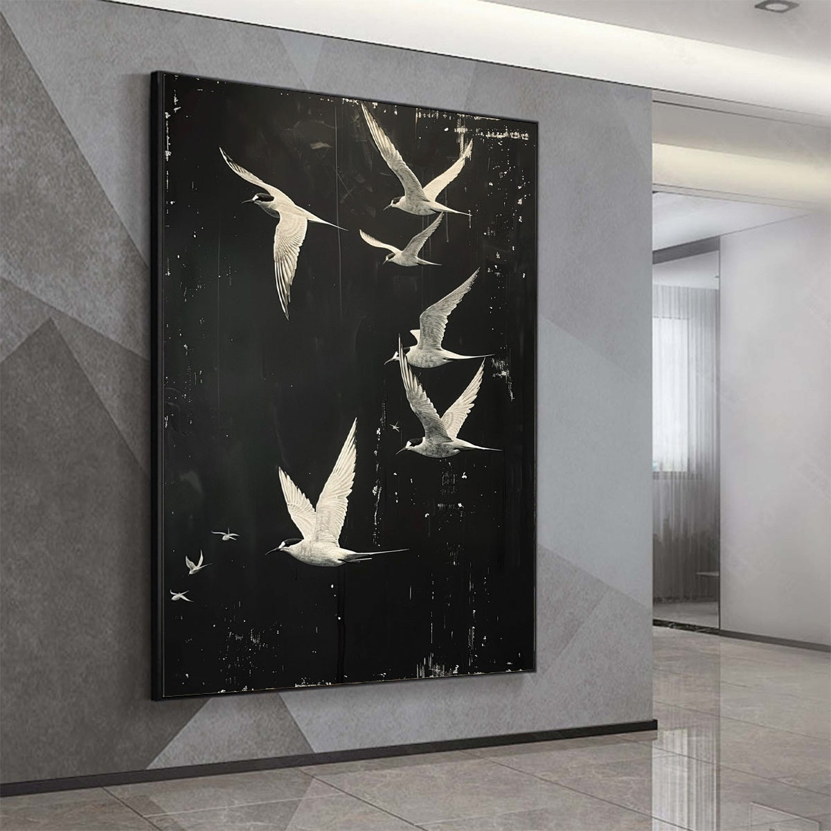 Black and White Flying Bird Painting - Minimalist Animal Wall Art #ZZ 262