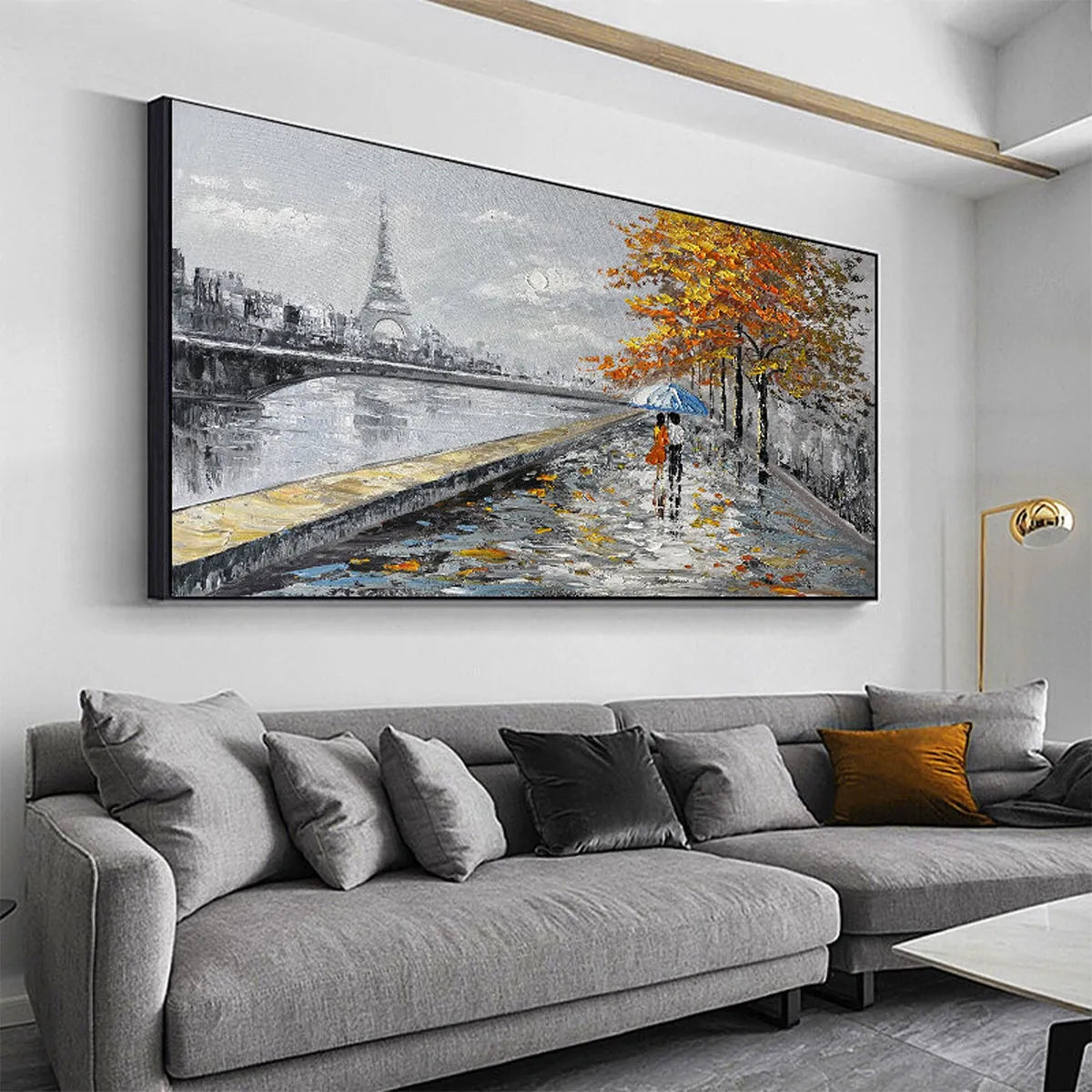 Large hand-painted romantic Paris painting featuring a couple with umbrella and Eiffel Towe