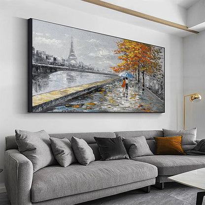Large hand-painted romantic Paris painting featuring a couple with umbrella and Eiffel Towe