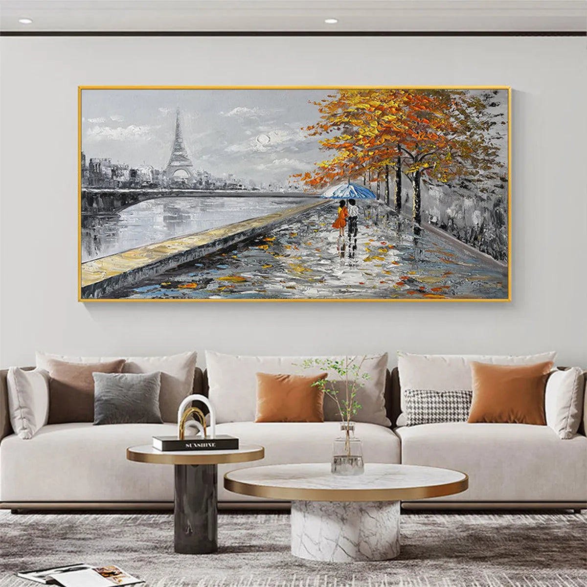 Large hand-painted romantic Paris painting featuring a couple with umbrella and Eiffel Towe