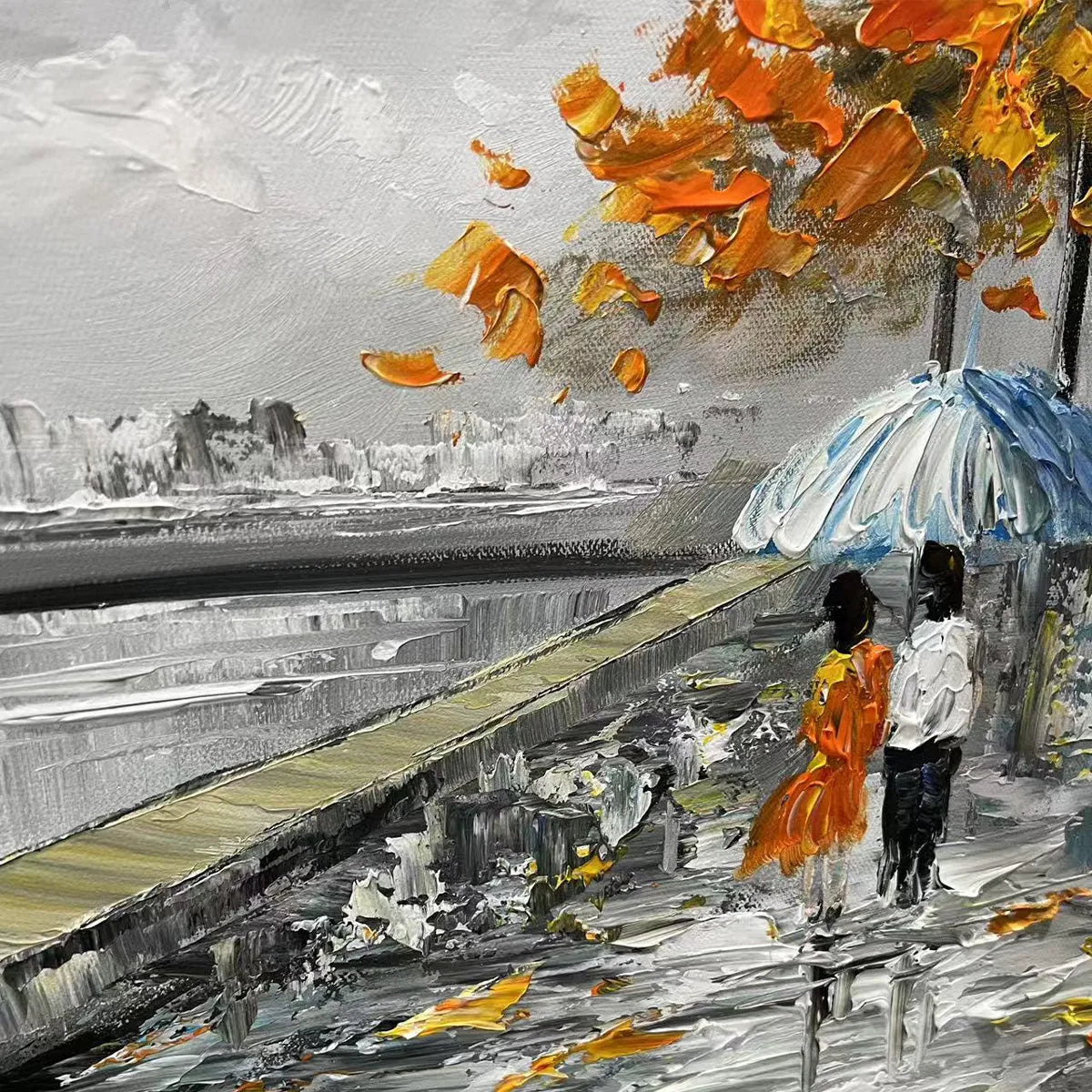 Large hand-painted romantic Paris painting featuring a couple with umbrella and Eiffel Towe