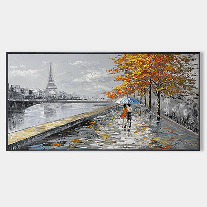 Large hand-painted romantic Paris painting featuring a couple with umbrella and Eiffel Towe