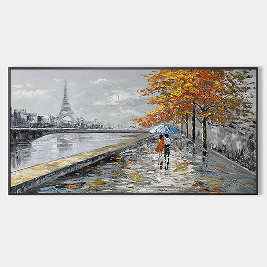 Large hand-painted romantic Paris painting featuring a couple with umbrella and Eiffel Towe