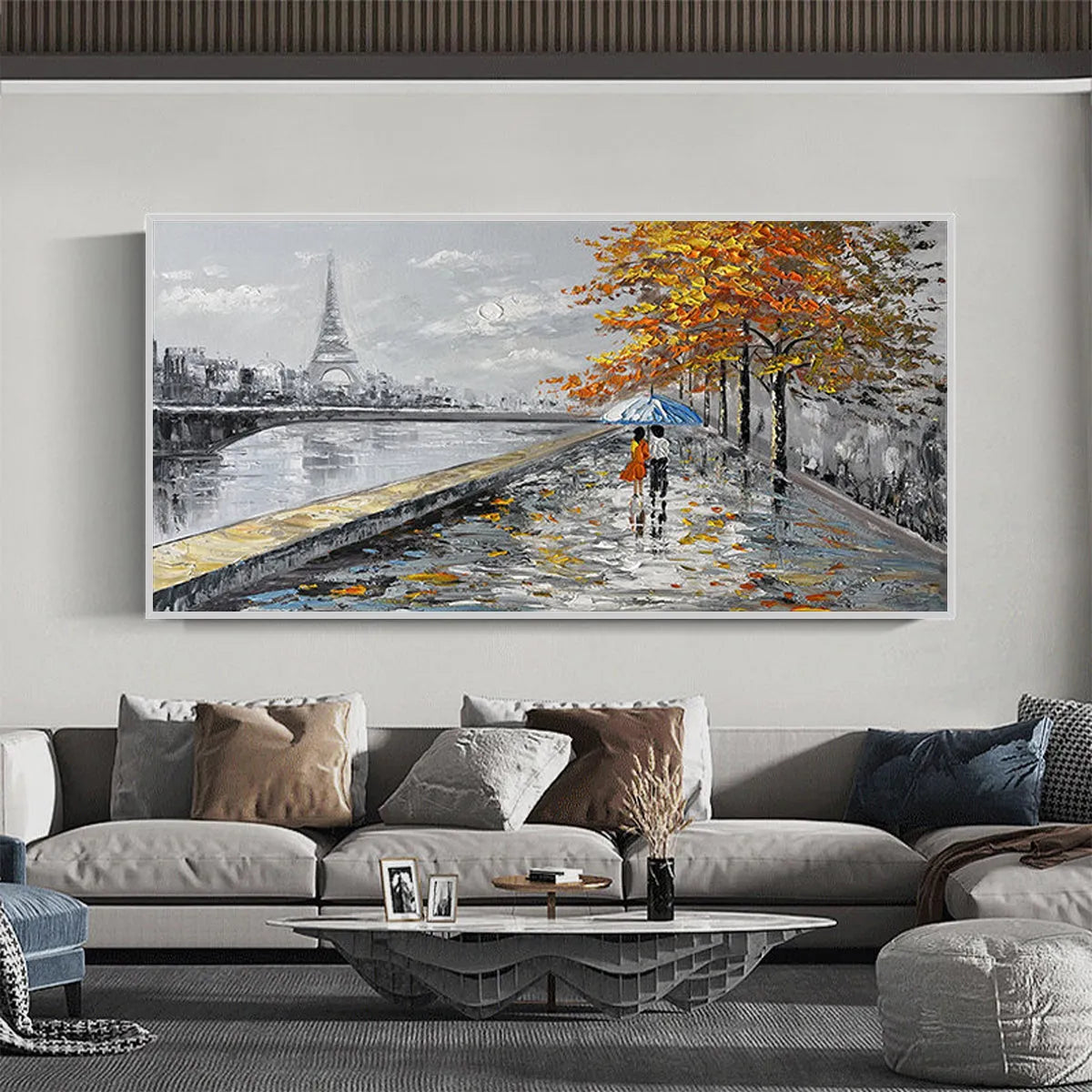 Large hand-painted romantic Paris painting featuring a couple with umbrella and Eiffel Towe