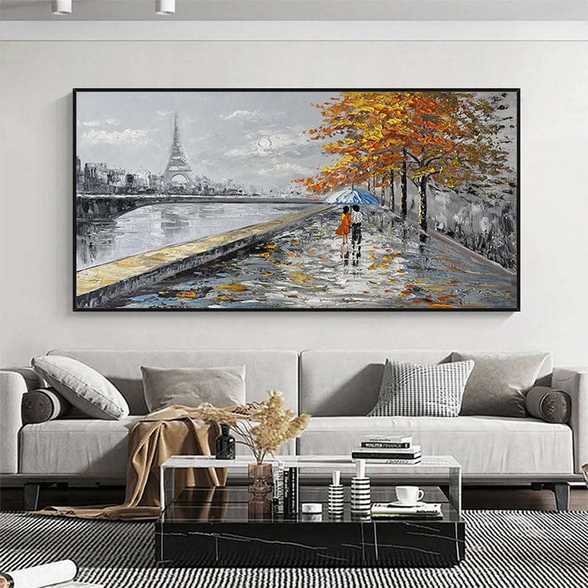 Large hand-painted romantic Paris painting featuring a couple with umbrella and Eiffel Towe