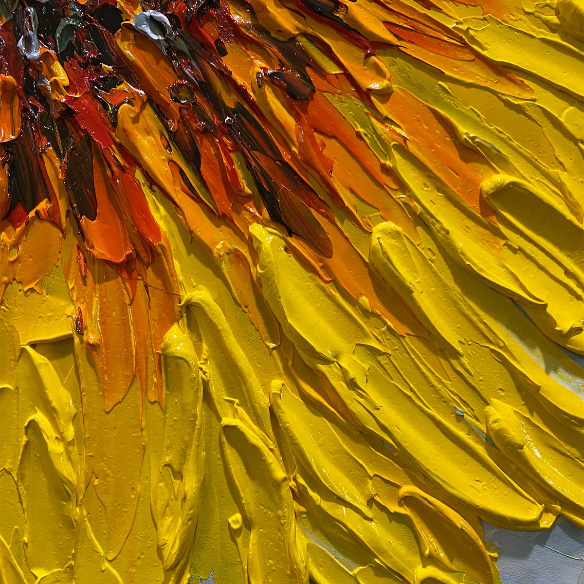 Large hand-painted textured 3D sunflower oil painting with yellow impasto floral detail #AA144