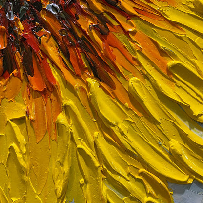 Large hand-painted textured 3D sunflower oil painting with yellow impasto floral detail #AA144