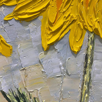 Large hand-painted textured 3D sunflower oil painting with yellow impasto floral detail #AA144
