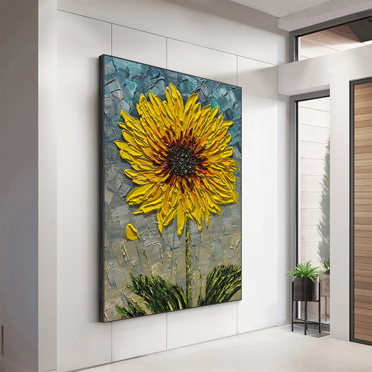 Large hand-painted textured 3D sunflower oil painting with yellow impasto floral detail #AA144