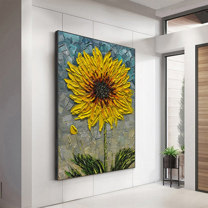 Large hand-painted textured 3D sunflower oil painting with yellow impasto floral detail #AA144