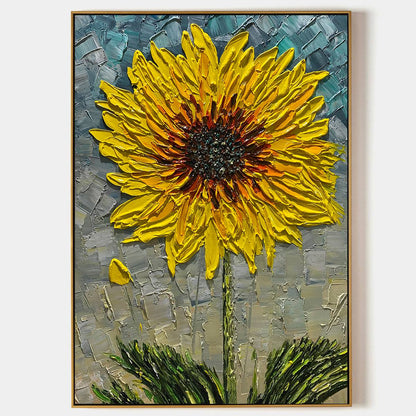 Large hand-painted textured 3D sunflower oil painting with yellow impasto floral detail #AA144