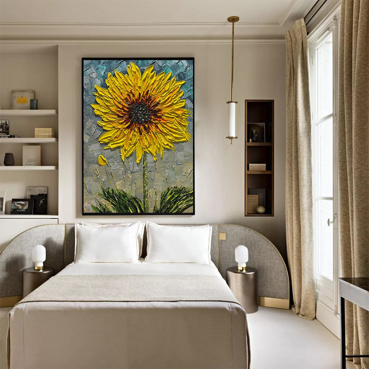 Large hand-painted textured 3D sunflower oil painting with yellow impasto floral detail #AA144