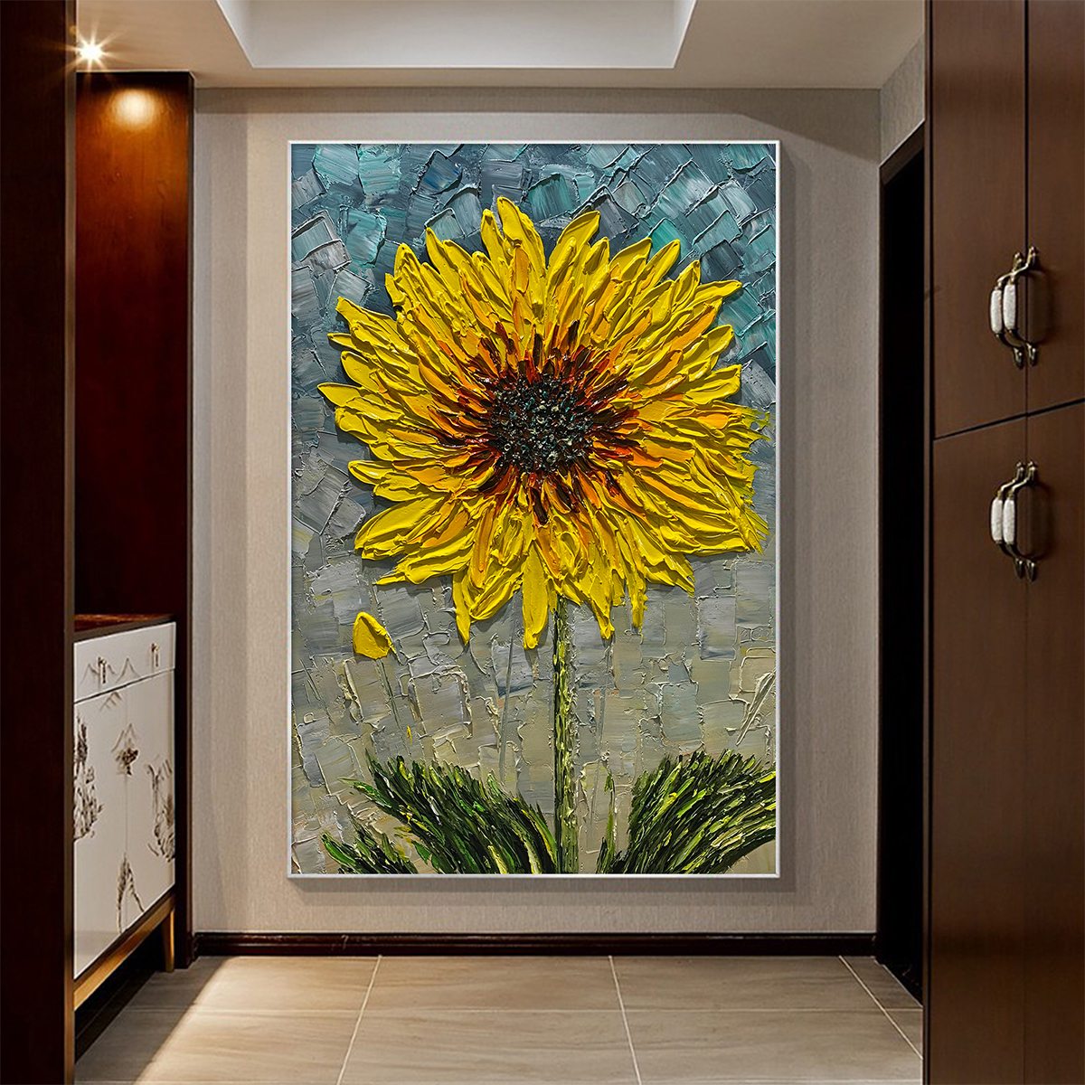 Large hand-painted textured 3D sunflower oil painting with yellow impasto floral detail #AA144